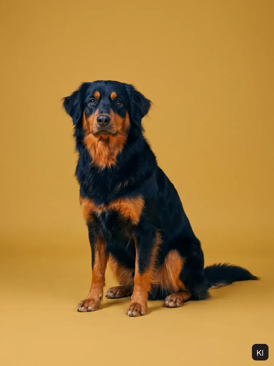 KI-Bild: Schwarz-brauner Hund sitzt vor gelbem Studiohintergrund