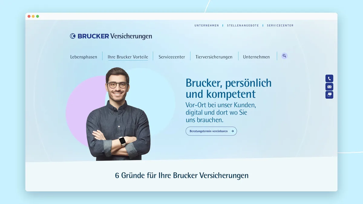 Website-Unterseite Brucker Vorteile im Browserfenster: Berater mit verschränkten Armen vor zwei Kreisen