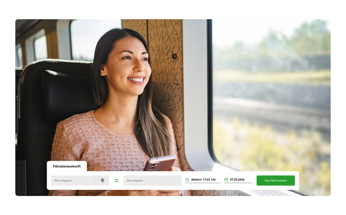 Kopfbild der Website: Fahrgast im Zug, darüber die Fahrplanauskunft