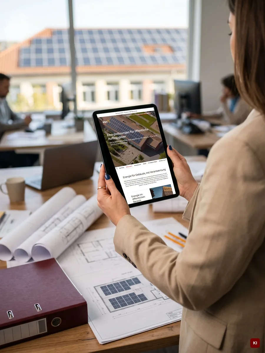 Frau in einem Büro hält ein Tablet mit der Microsite, auf dem Schreibtisch Baupläne und ein Aktenordner; Szene KI-unterstützt, Screen echt