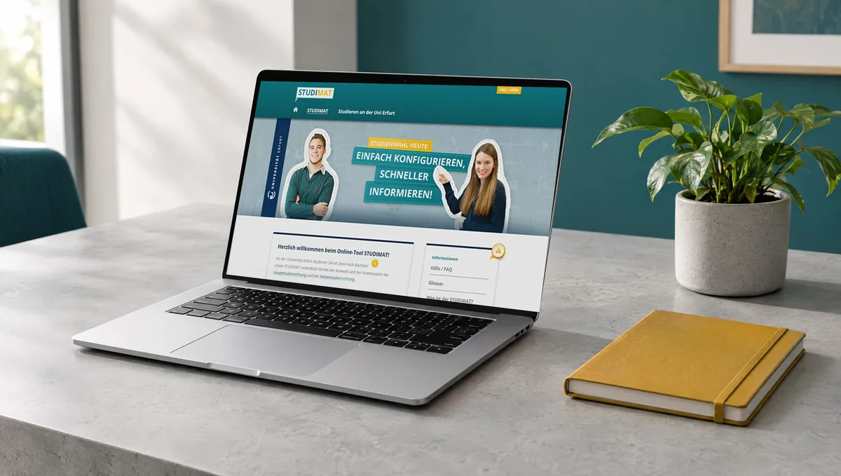 Studimat-Startseite auf einem Laptop, heller Arbeitsplatz