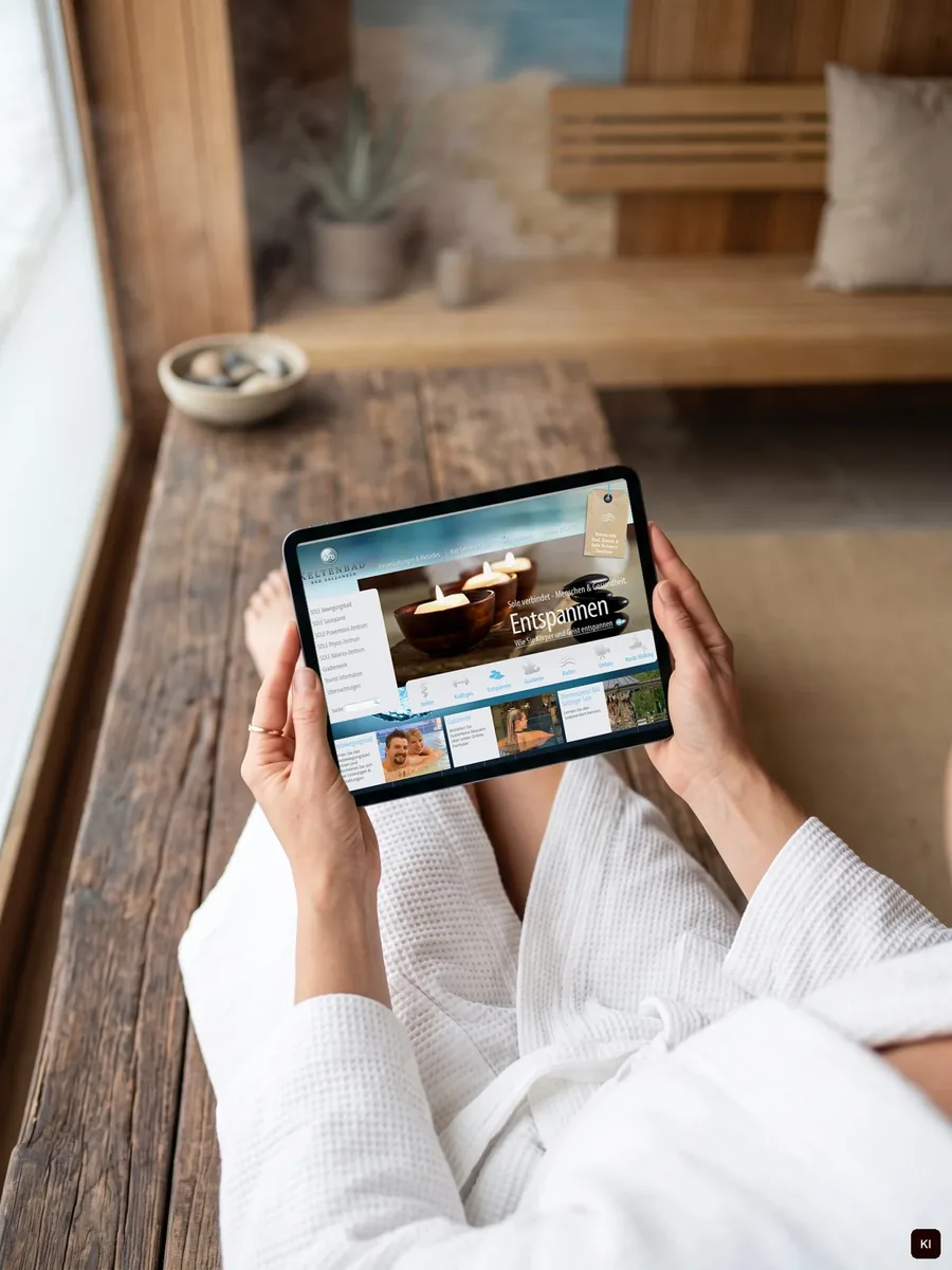 Person im Bademantel hält ein Tablet mit der Keltenbad-Startseite, KI-Szene mit eingesetztem Screen