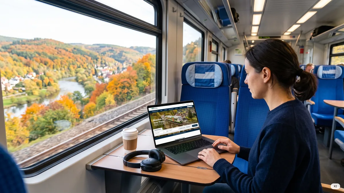 Startseite auf dem Laptop am Zugtisch (KI-Mockup)