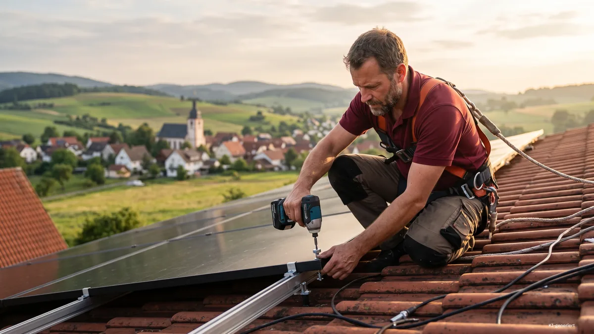 Monteur im BSH-Polo setzt ein Solarmodul auf ein Ziegeldach über einem Dorf, KI-Bild
