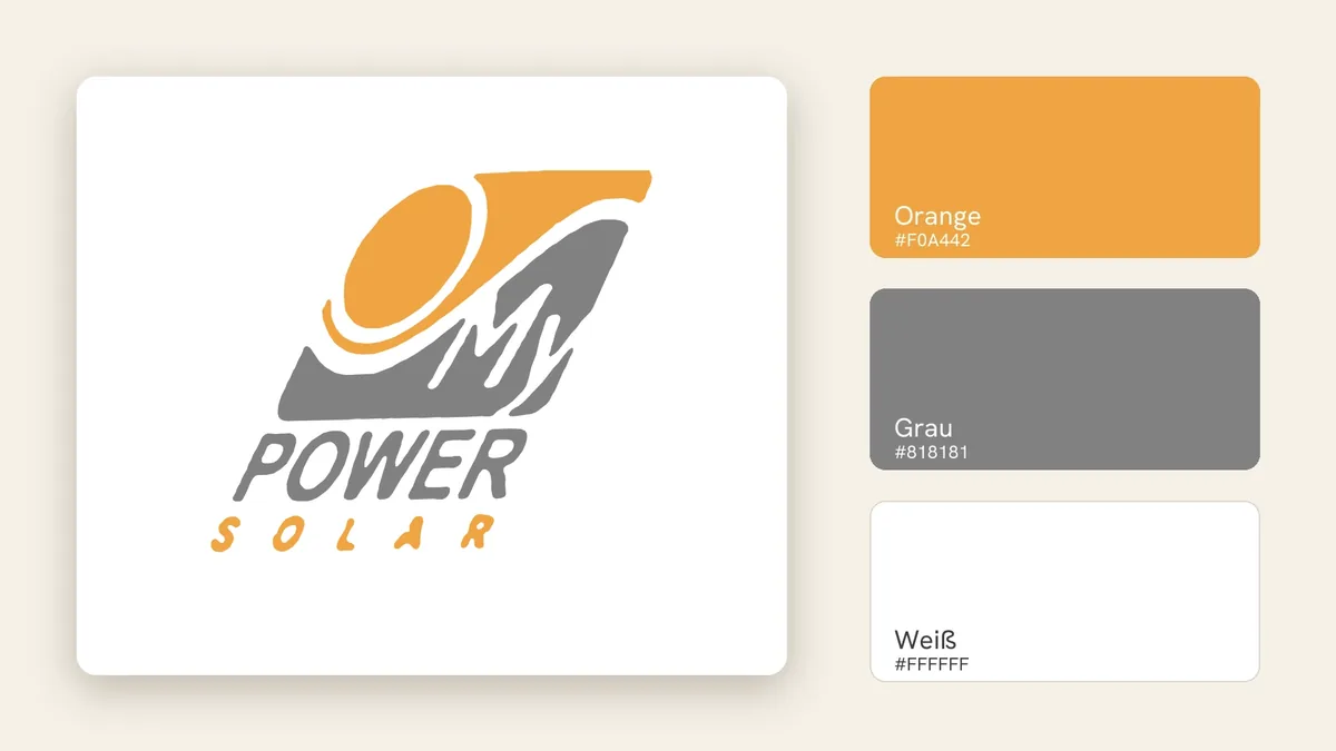 Logo von My Power Solar gerade ausgerichtet auf weißer Karte neben den Farbflächen Orange, Grau und Weiß