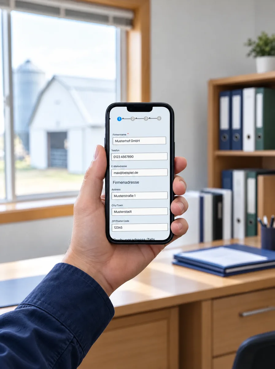 Smartphone mit dem Formular Farmangaben in einer sauberen Hand, Hofbüro mit Blick auf Stall und Silo (KI-Szene, gekennzeichnet)