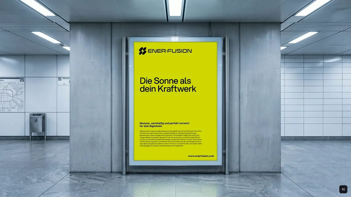 Plakat »Die Sonne als dein Kraftwerk« in einer hellen Unterführung aus Beton, Menschen gehen vorbei. KI-unterstützte Visualisierung, Plakat echt eingesetzt.