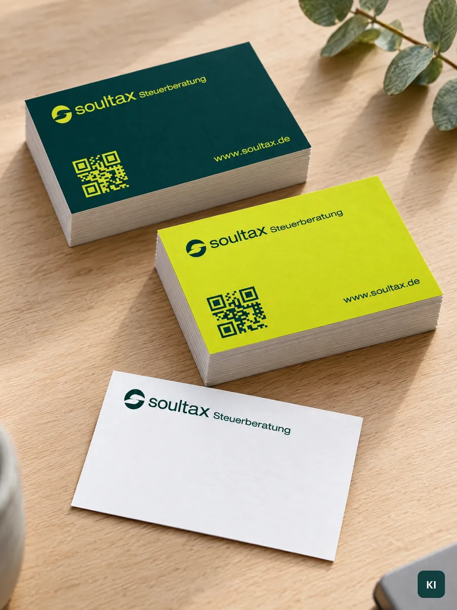Visitenkarten auf Holztisch: Stapel mit Rückseiten in Petrol und Lemon mit QR-Code, davor eine weiße Vorderseite mit Logo (KI-Visualisierung)