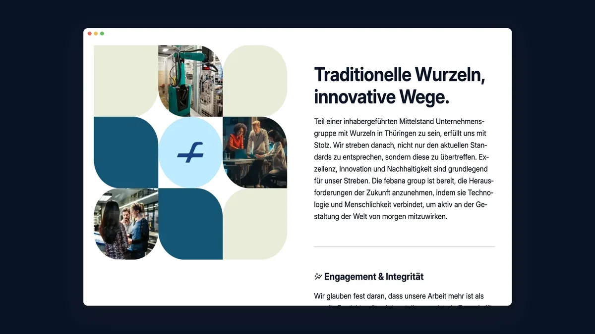 Abschnitt Traditionelle Wurzeln, innovative Wege mit Bildmosaik aus abgerundeten Flächen und Fotos