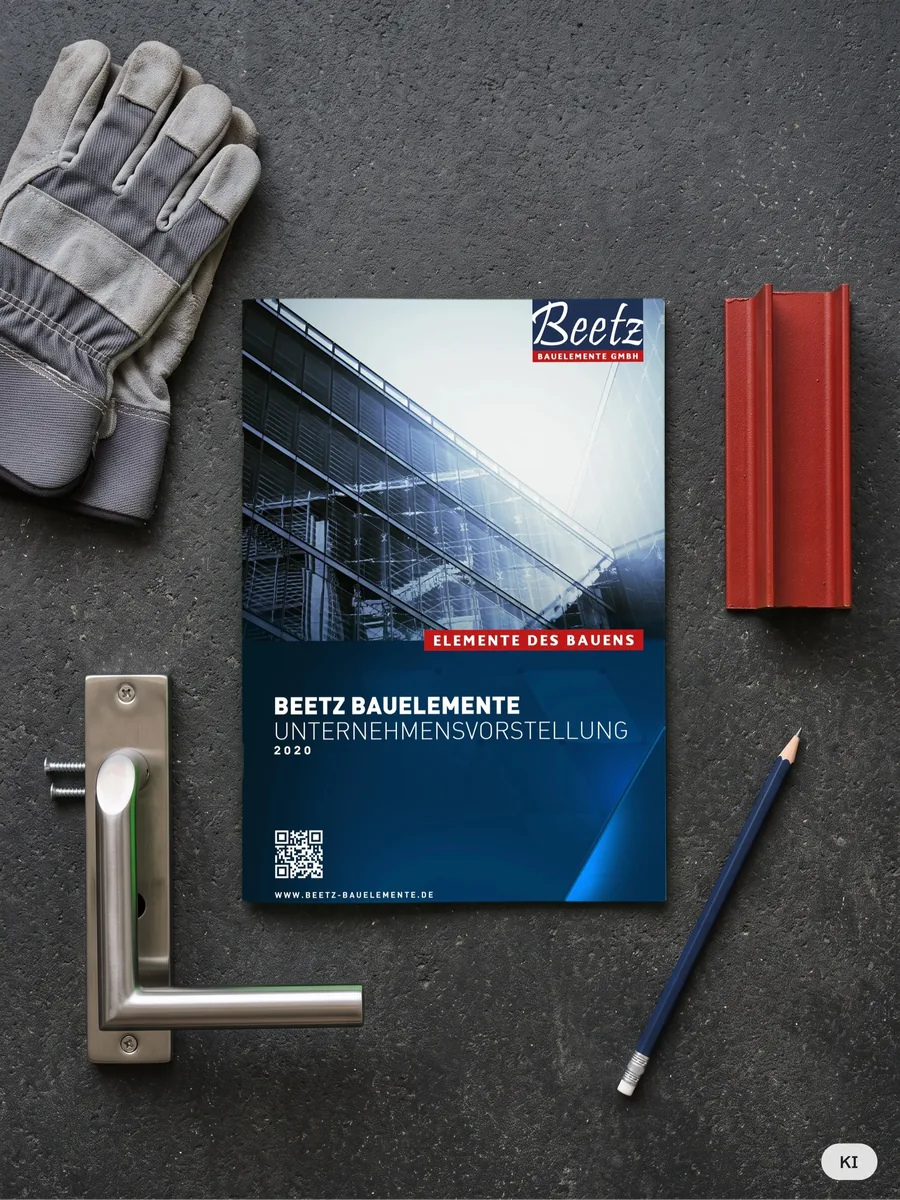 KI-Mockup: Imagebroschüre 2020 auf Beton neben Arbeitshandschuhen und Türdrücker