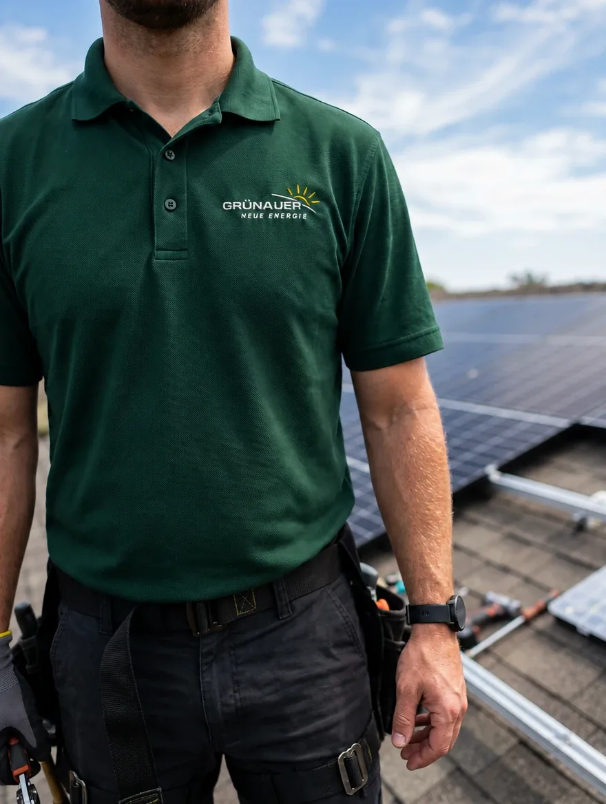 Monteur im dunkelgrünen Polo mit gesticktem Grünauer-Logo auf der Brust, im Hintergrund Photovoltaik-Module auf dem Dach (KI-Bild)