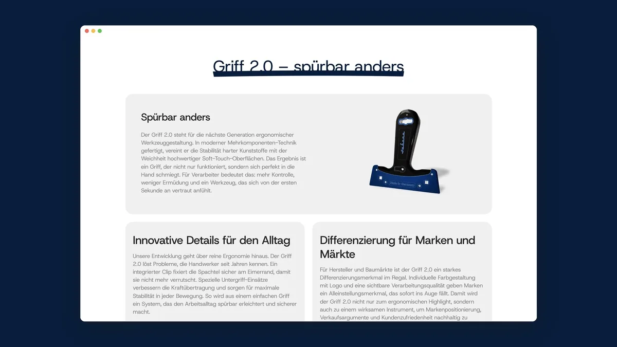 Produktseite Griff 2.0 – spürbar anders mit Griff und drei Erläuterungskarten