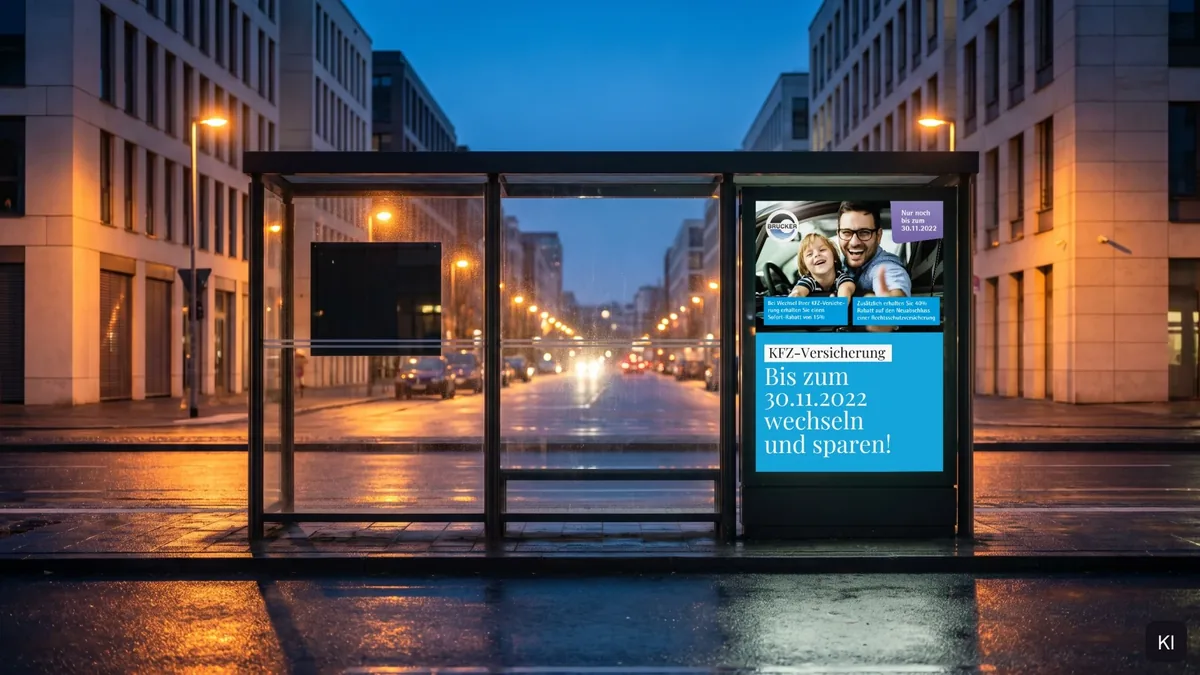 Citylight in einer Bushaltestelle in der blauen Stunde, Motiv KFZ-Versicherung wechseln und sparen, KI-Szene mit echtem Motiv