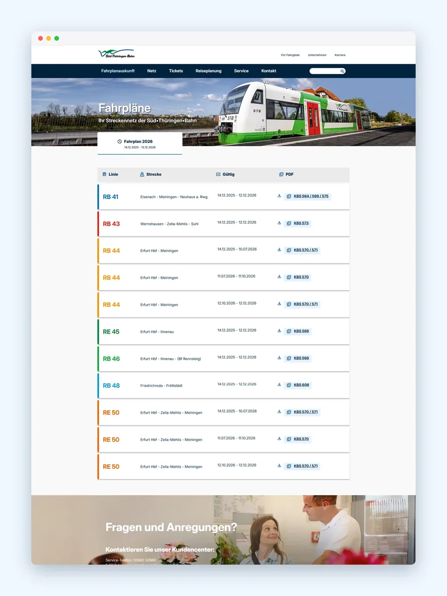 Fahrplanübersicht mit farbigen Linienbalken im Browserfenster