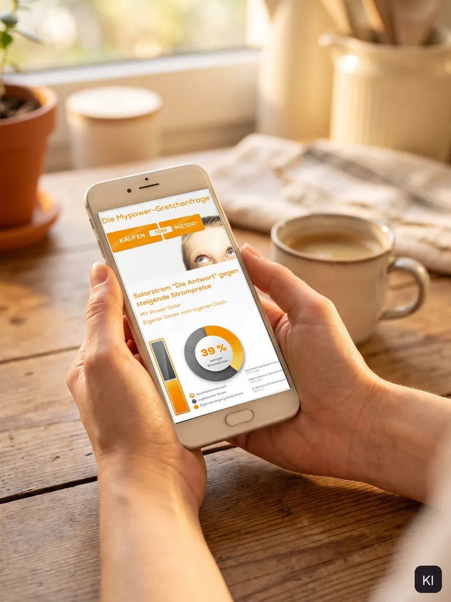 Hände halten ein Smartphone mit der mobilen Seite von My Power Solar am Küchentisch (KI-Szene mit echtem Screen)