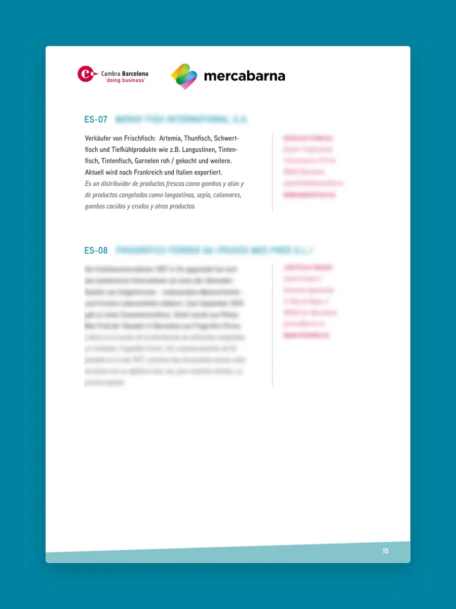 Katalogseite 15 mit Profilen spanischer Unternehmen, Firmen und Ansprechpartner unkenntlich