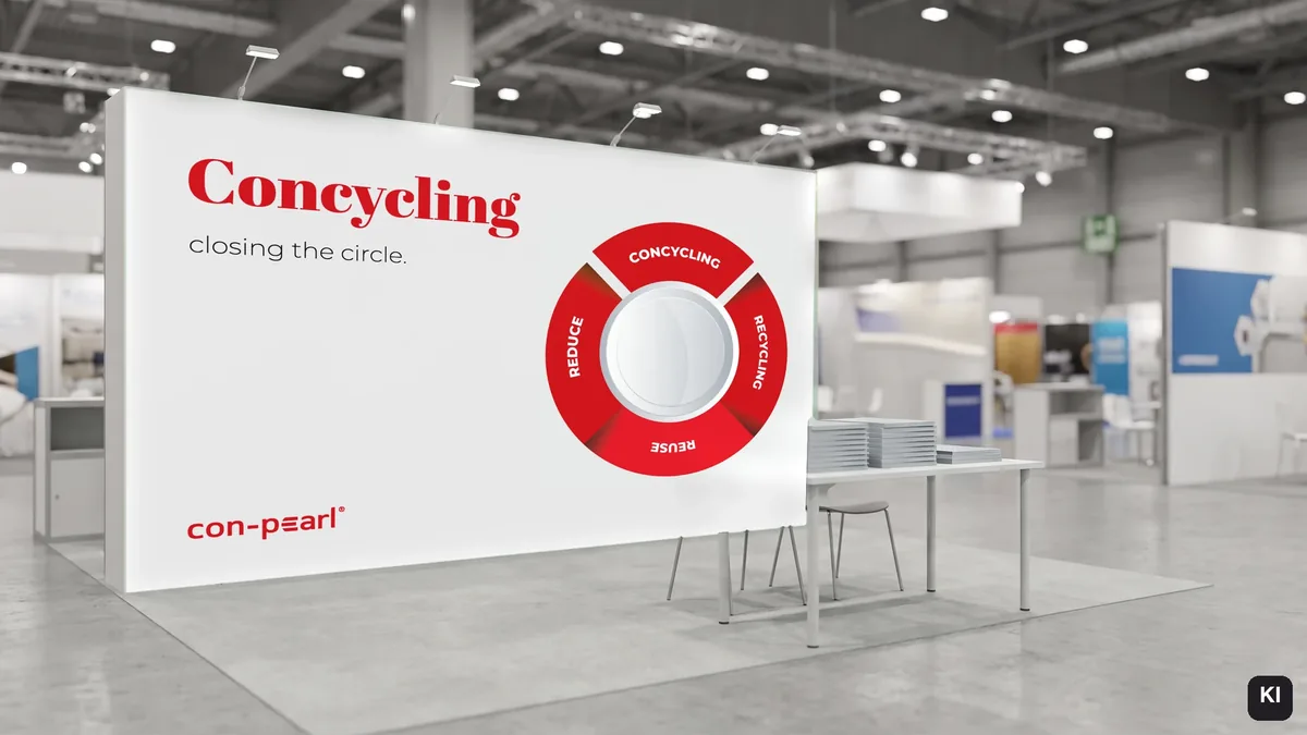 Messestand mit großer Wand: Concycling in Rot, Zeile closing the circle., das Kreis-Element und das con-pearl Logo (KI-Visualisierung, Motiv eingesetzt)