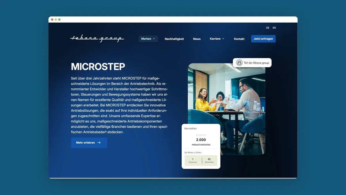 Markenseite MICROSTEP mit Hero-Bereich, Team am Besprechungstisch und Kennzahlenkarte