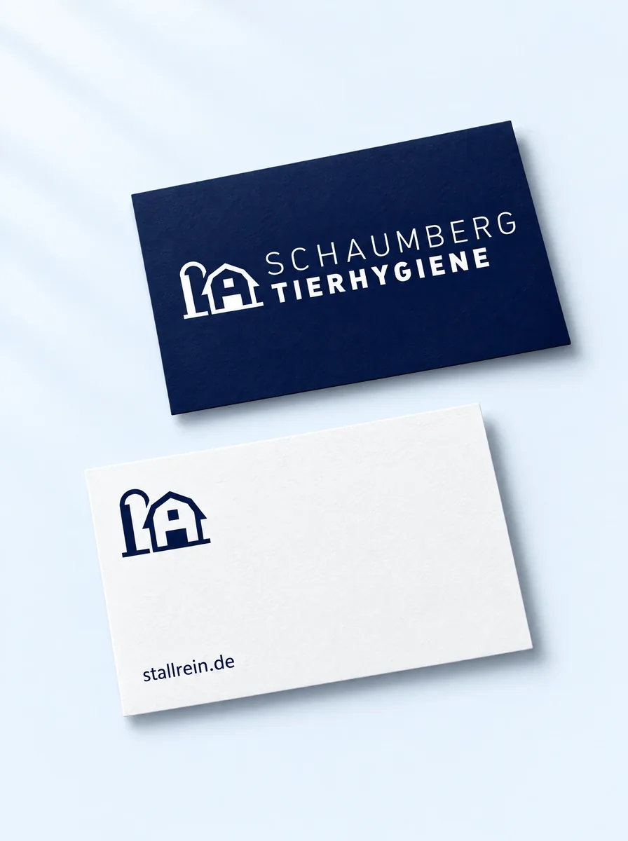 Visitenkarten Vorder- und Rückseite mit Logo und stallrein.de (KI-Mockup, gekennzeichnet)