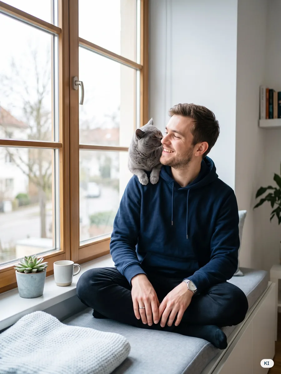 KI-Bild: Mann am Fenster mit grauer Katze auf der Schulter