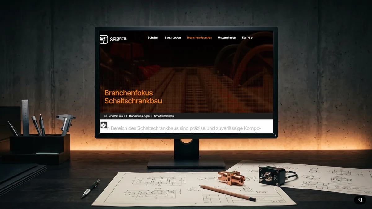 Branchenseite Schaltschrankbau auf dem Monitor im Konstruktionsbüro (KI-Szene, echter Screen eingesetzt)