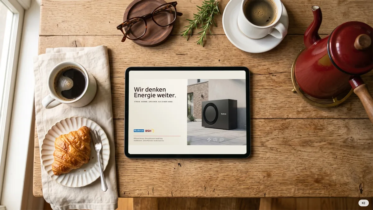 KI-Mockup: Titelfolie Wir denken Energie weiter. auf einem Tablet am Frühstückstisch
