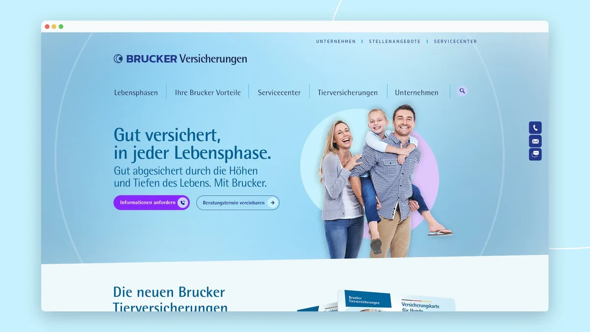 Startseite der Website Brucker Versicherungen im Browserfenster: Familie vor zwei Kreisen, Headline Gut versichert, in jeder Lebensphase