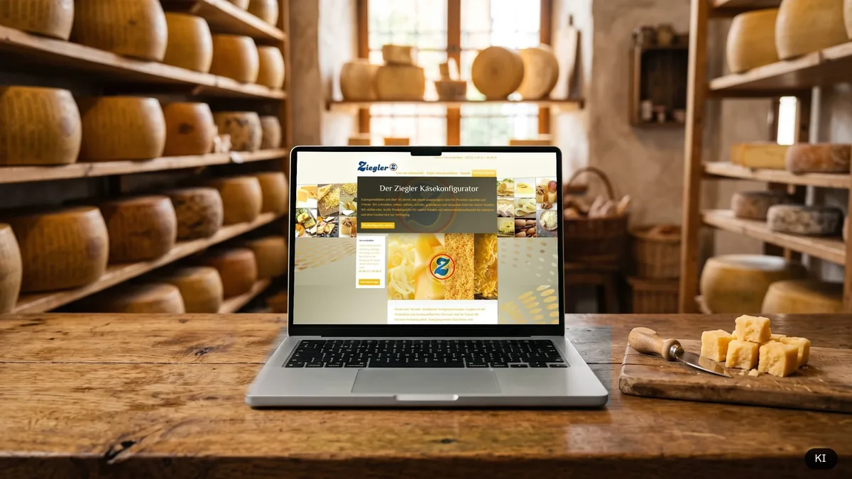 KI-Visualisierung: Laptop auf der Holztheke eines Käseladens vor Regalen mit Käselaiben, darauf der echte Ziegler Käsekonfigurator