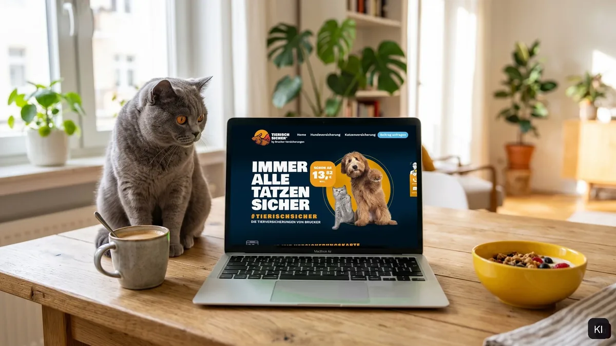 KI-Szene: Britisch Kurzhaar sitzt neben einem Laptop, auf dem Display die Landing Page, Screen echt