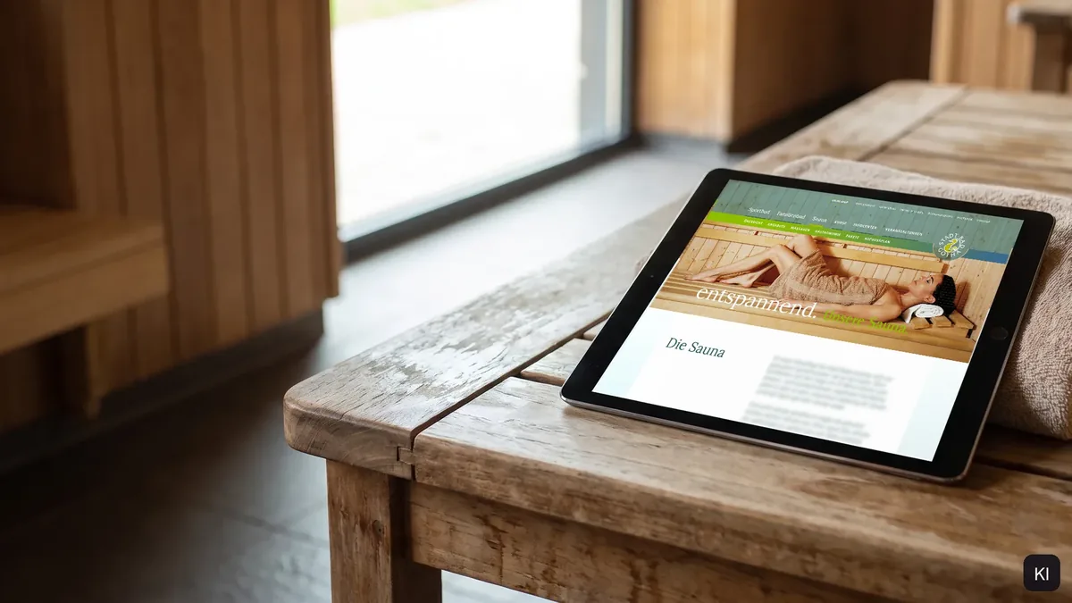 Visualisierung: Tablet auf einer Saunabank zeigt die Seite Sauna der Website