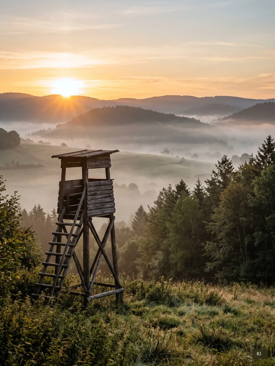 Hochsitz am Waldrand im Morgennebel; KI-unterstützt