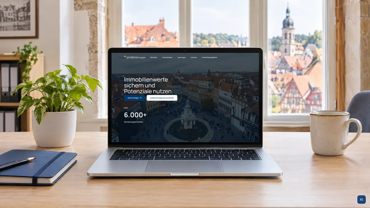 Laptop in einem hellen Büro im Altbau, auf dem Bildschirm die Startseite von proqura-gruppe.de. Szene KI-unterstützt, Screen echt.