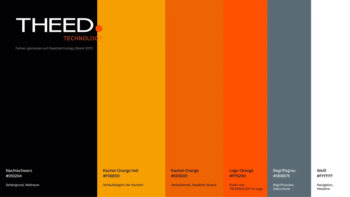 Farbboard Theed: Nachtschwarz, Kachel-Orange hell und dunkel, Logo-Orange, Begriffsgrau, Weiß mit Hex-Werten