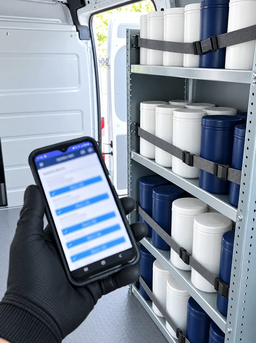 Smartphone mit Checkliste vor sauber verzurrten Desinfektionsmittel-Kanistern im Laderaum (KI-Szene, gekennzeichnet)