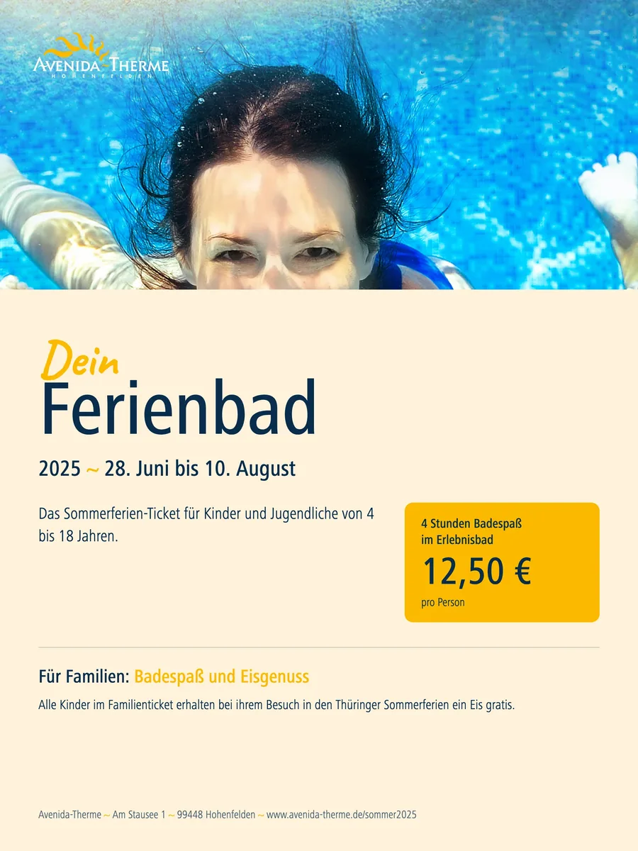 Plakat Dein Ferienbad 2025 im Split-Frame-Layout nach Markenhandbuch: Foto mit weissem Logo, Textfeld auf Sand