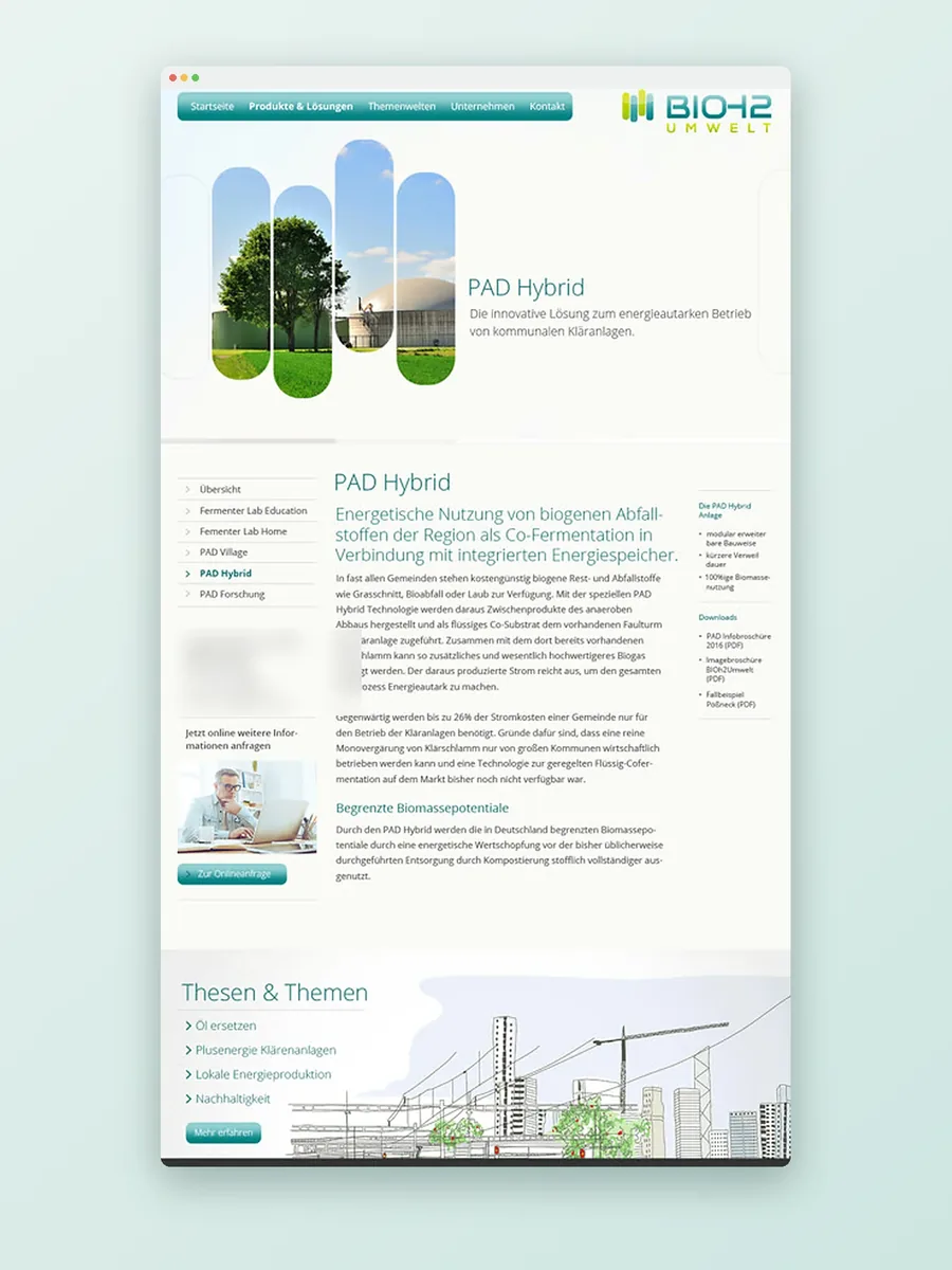 Produktseite PAD Hybrid der BIOH2-Umwelt-Website mit Bildfenstern in Kapselform