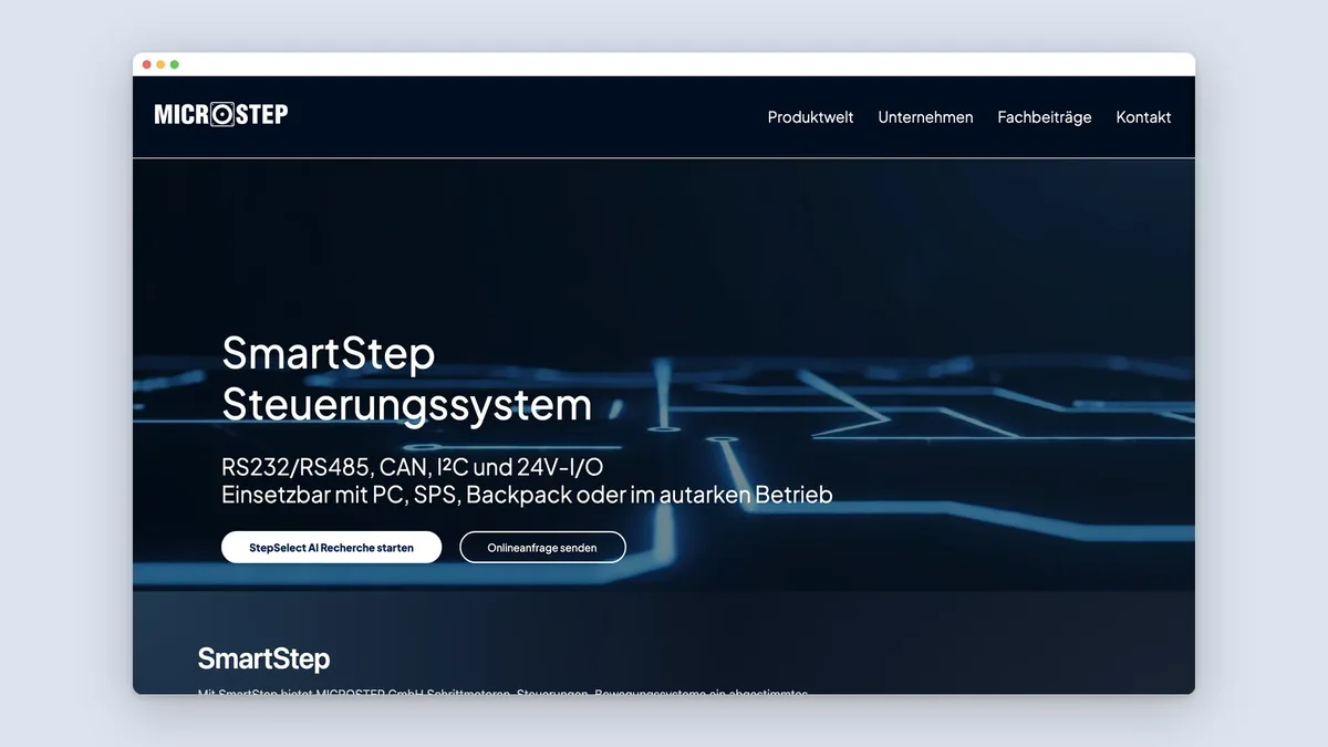 Startseite des SmartStep-Bereichs auf microstep-motoren.de: Titel SmartStep Steuerungssystem über leuchtenden Leiterbahnen, darunter die Zeile RS232/RS485, CAN, I²C und 24V-I/O.