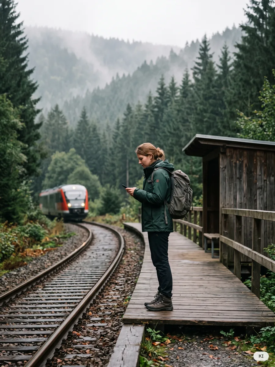 Bahnsteig im Thüringer Wald (KI-Bild)