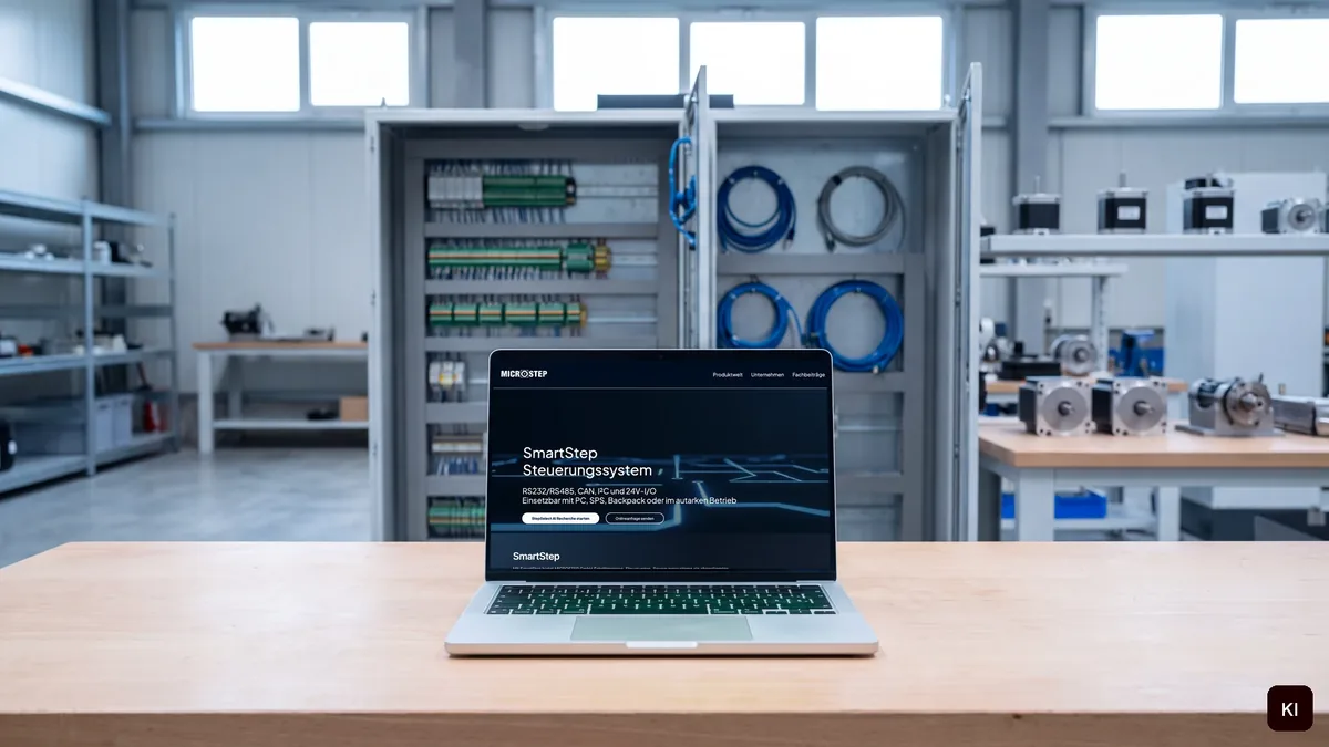 Laptop auf einer Werkbank in einer Werkstatt vor einem Schaltschrank, auf dem Bildschirm die Startseite des SmartStep-Bereichs. KI-Szene, Bildschirm per Compositing eingesetzt.