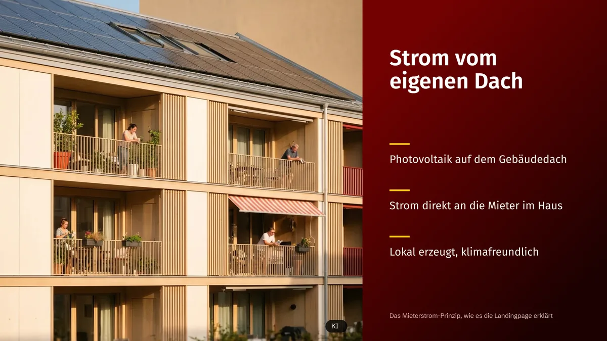 Mehrfamilienhaus mit Solardach neben den drei Kernsätzen des Mieterstrom-Prinzips auf dunklem Rot (KI-Bild)