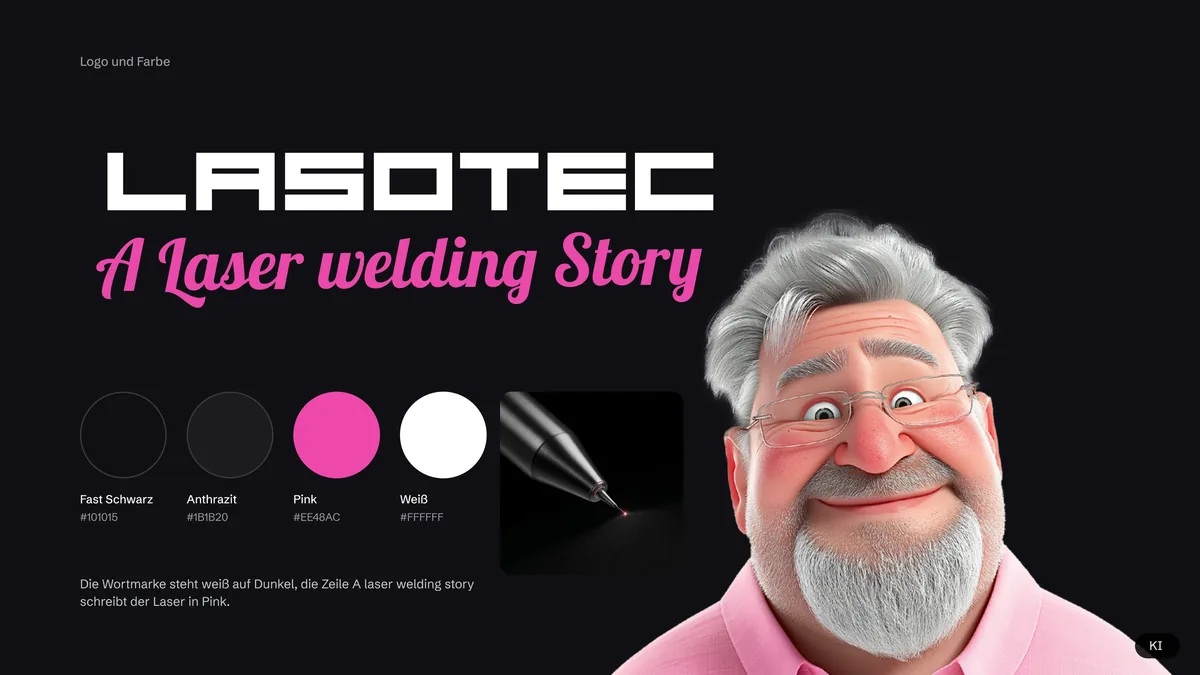 Logo LASOTEC weiß mit pinker Zeile A laser welding Story auf Schwarz, daneben die Farbpalette