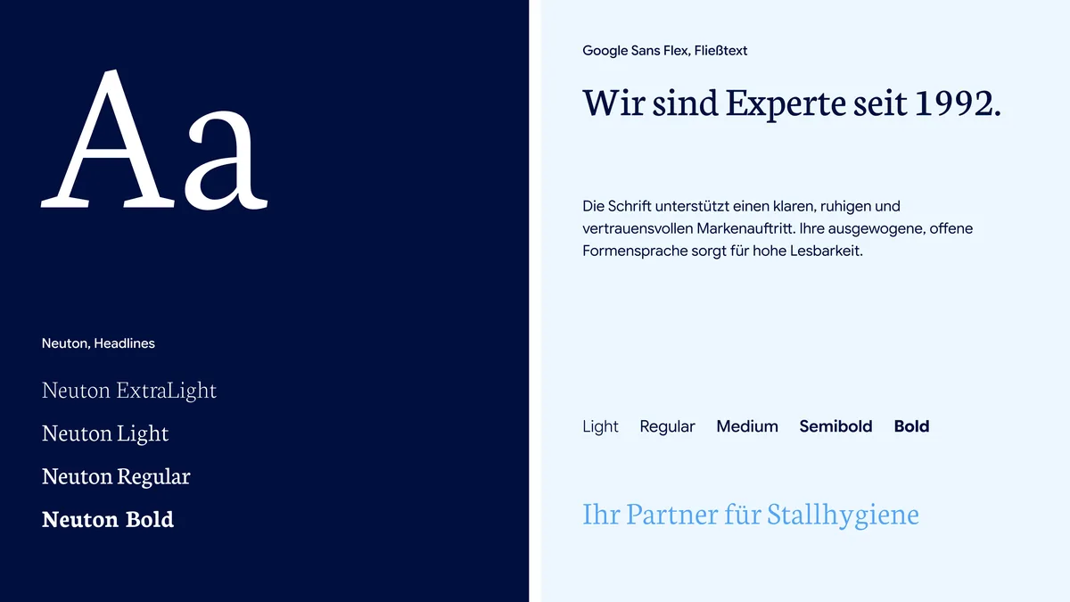 Schriftboard: Neuton für Headlines, Google Sans Flex für Fließtext