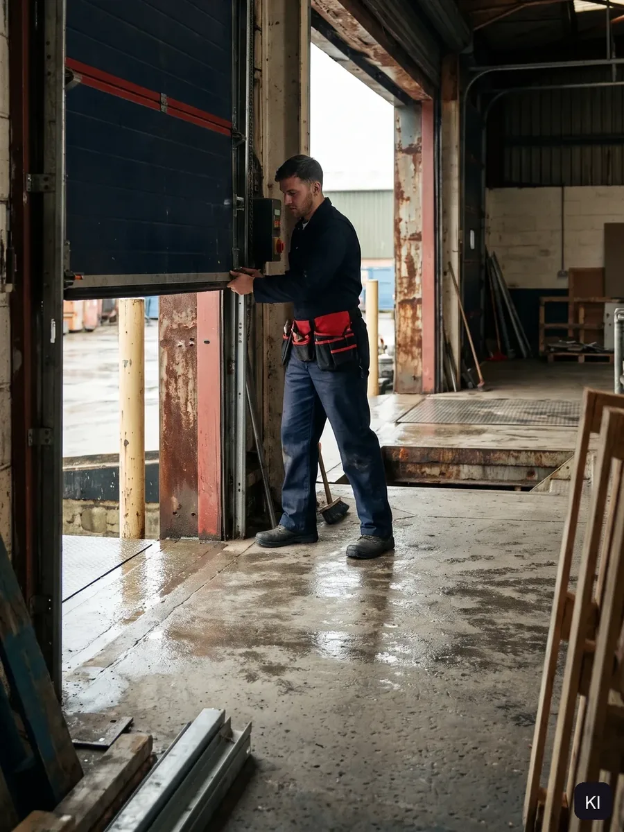 KI-Bild: Monteur öffnet ein Rolltor in einer Lagerhalle