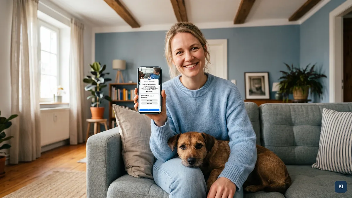 KI-Szene: Frau zeigt auf dem Sofa das Lead-Formular auf dem Smartphone, Screen echt