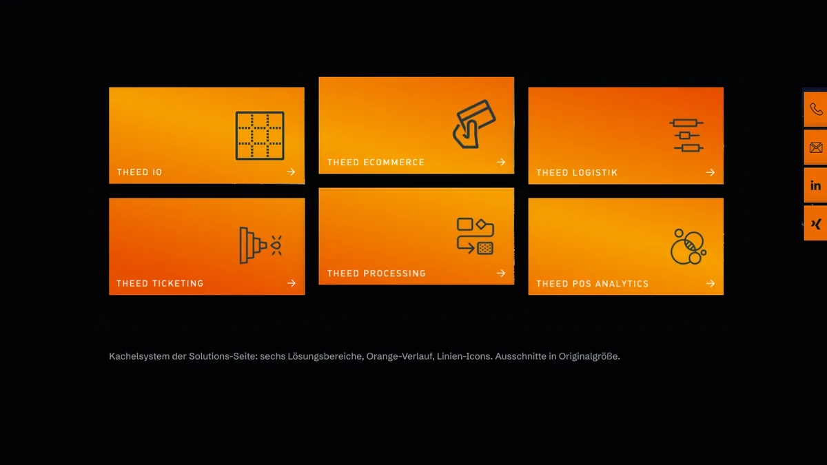 Kachelsystem der Solutions-Seite: sechs orange Kacheln mit Linien-Icons und Kontaktleiste auf Schwarz