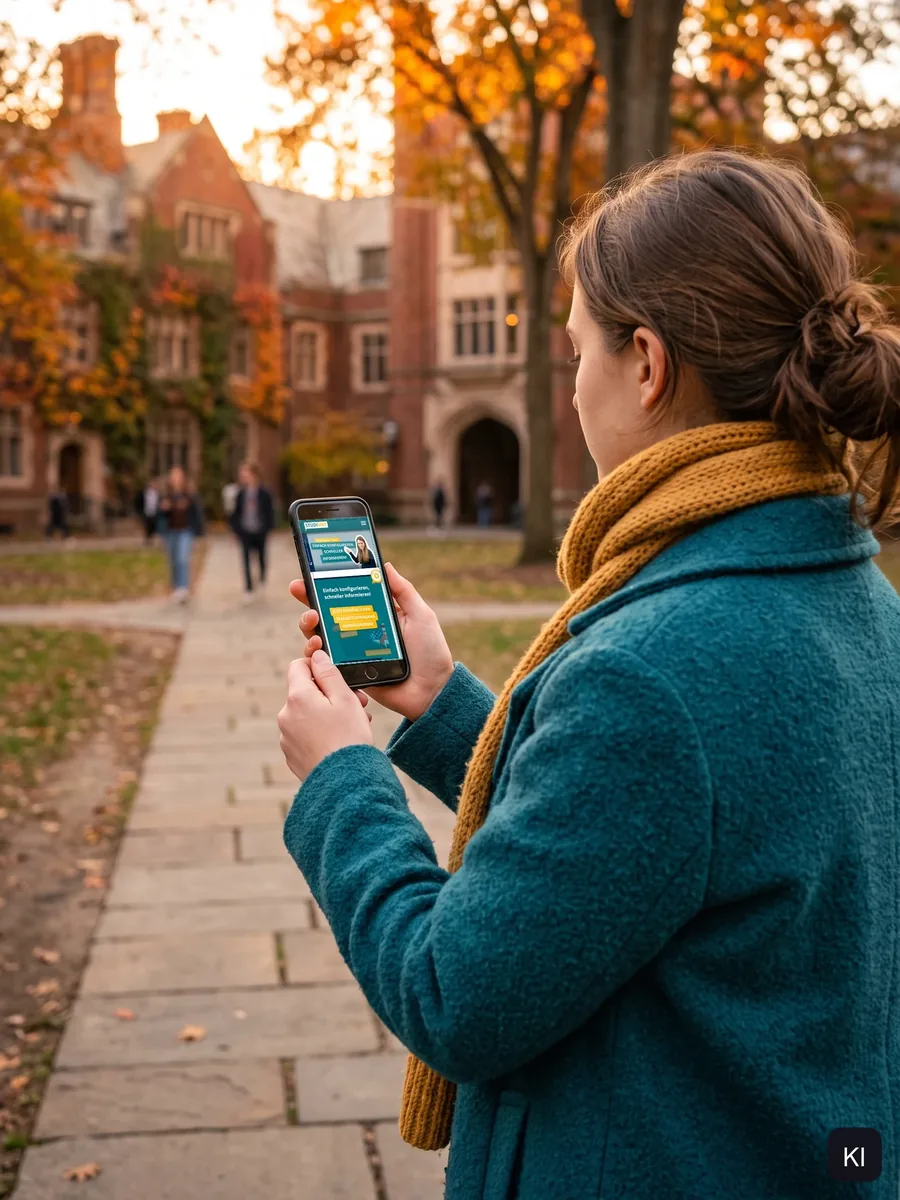 Person mit petrolfarbenem Mantel hält ein Smartphone mit Studimat im Hof einer Universität, KI-Szene mit eingesetztem Screen