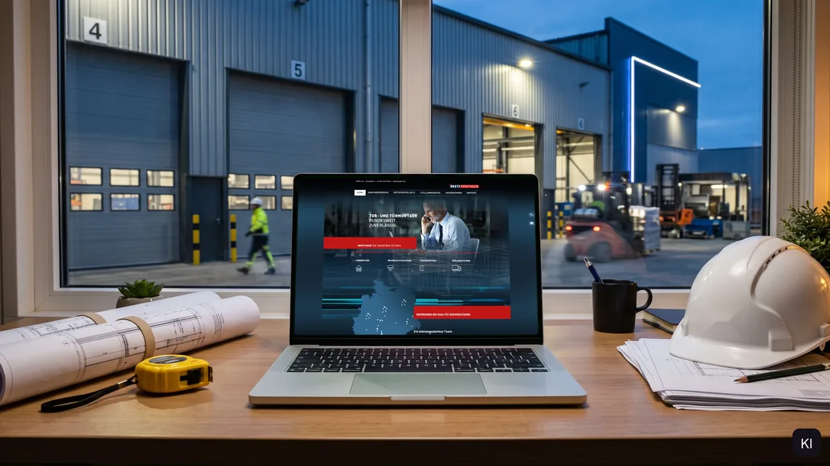 KI-Bild eines Arbeitsplatzes mit Laptop, auf dem die Website von BEETZ Montagen läuft