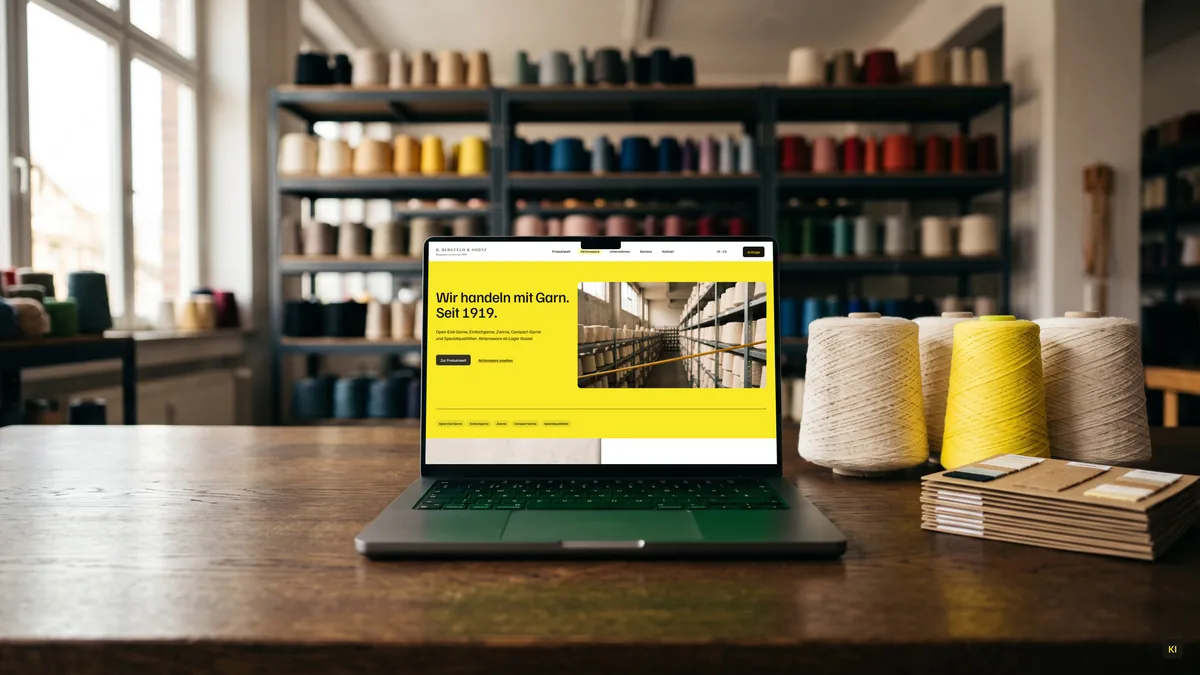 Keyvisual: neue Bergfeld-Website auf dem Laptop im Garnlager