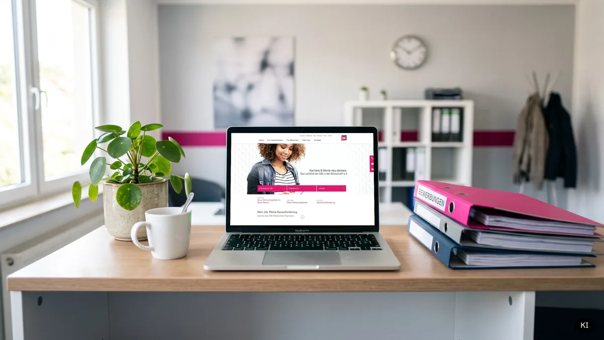 Startseite auf dem Laptop am Empfang (KI-Szene, echter Screen eingesetzt)