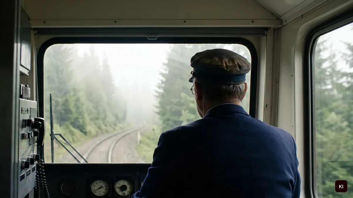 Blick aus dem Führerstand auf Gleise im Nebelwald (KI-Stimmungsbild)